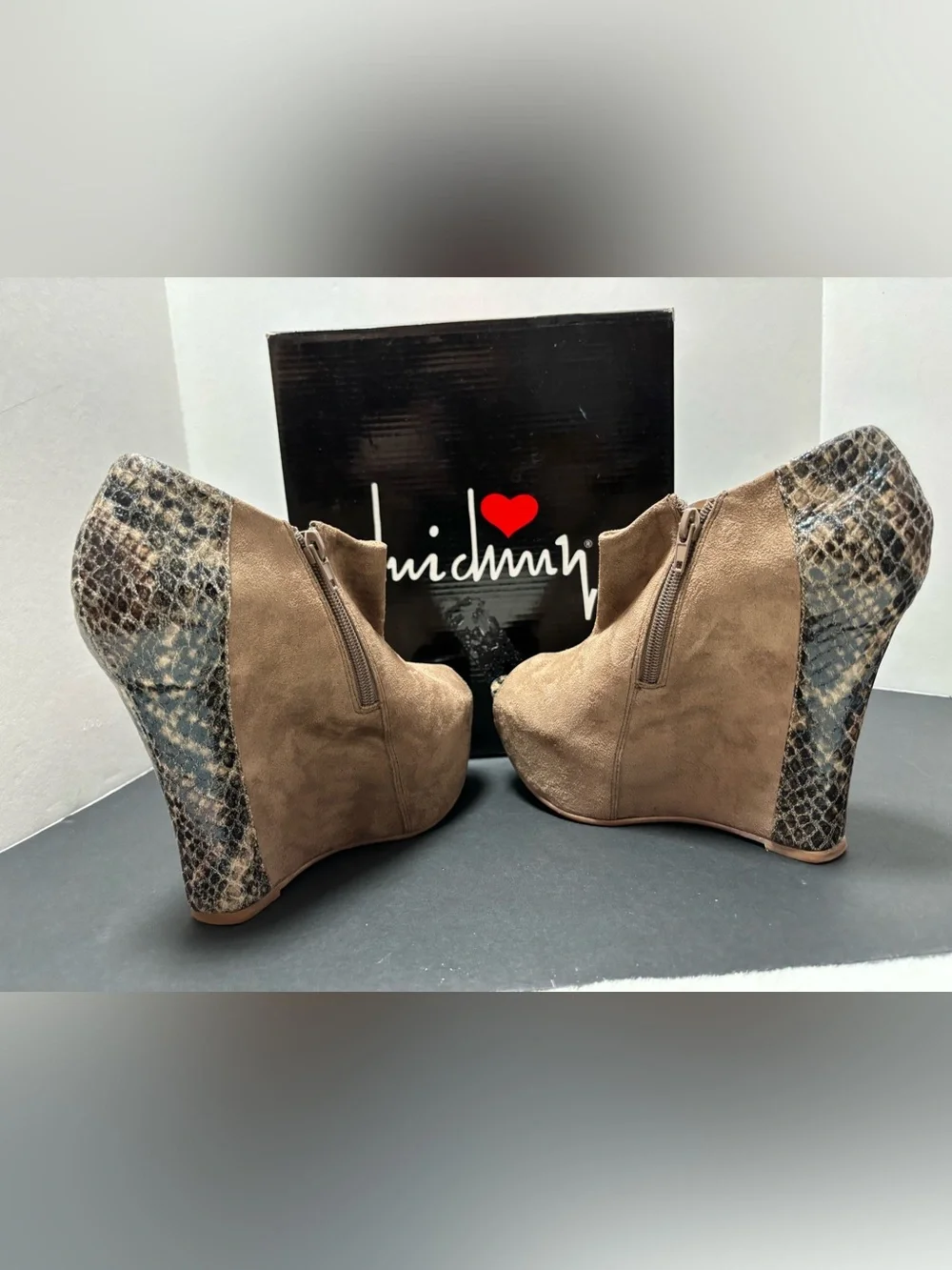 Luichiny Taupe Suede Python Print Peep Toe Platform Wedge Booties Size 8